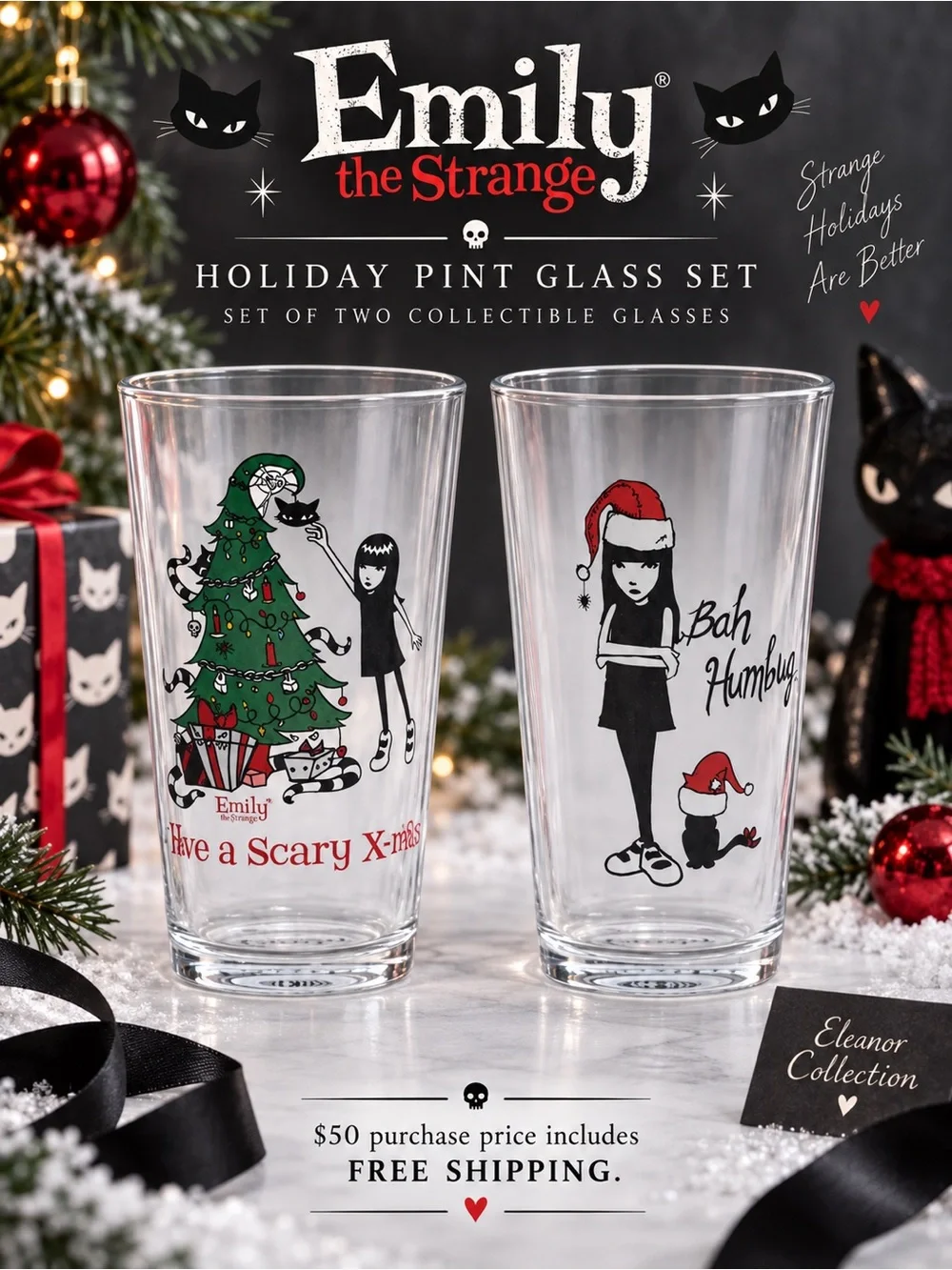 Emily The Strange Holiday Pint Glass Set NWT Bah Humbug Scary X-Mas